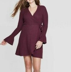 Women's Long Sleeve V-Neck Wrap Sweater Knit Mini.